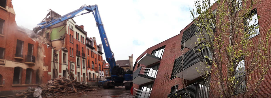 Légende VDB avant après : L’immeuble Van Droogenbroeck pendant la démolition et après sa reconstruction. 