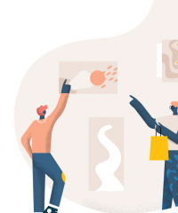Illustration d'une exposition d'art, avec des spectateurs émerveillés