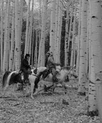 Deux hommes à cheval traversent une forêt, l'un porte une coiffe améridienne